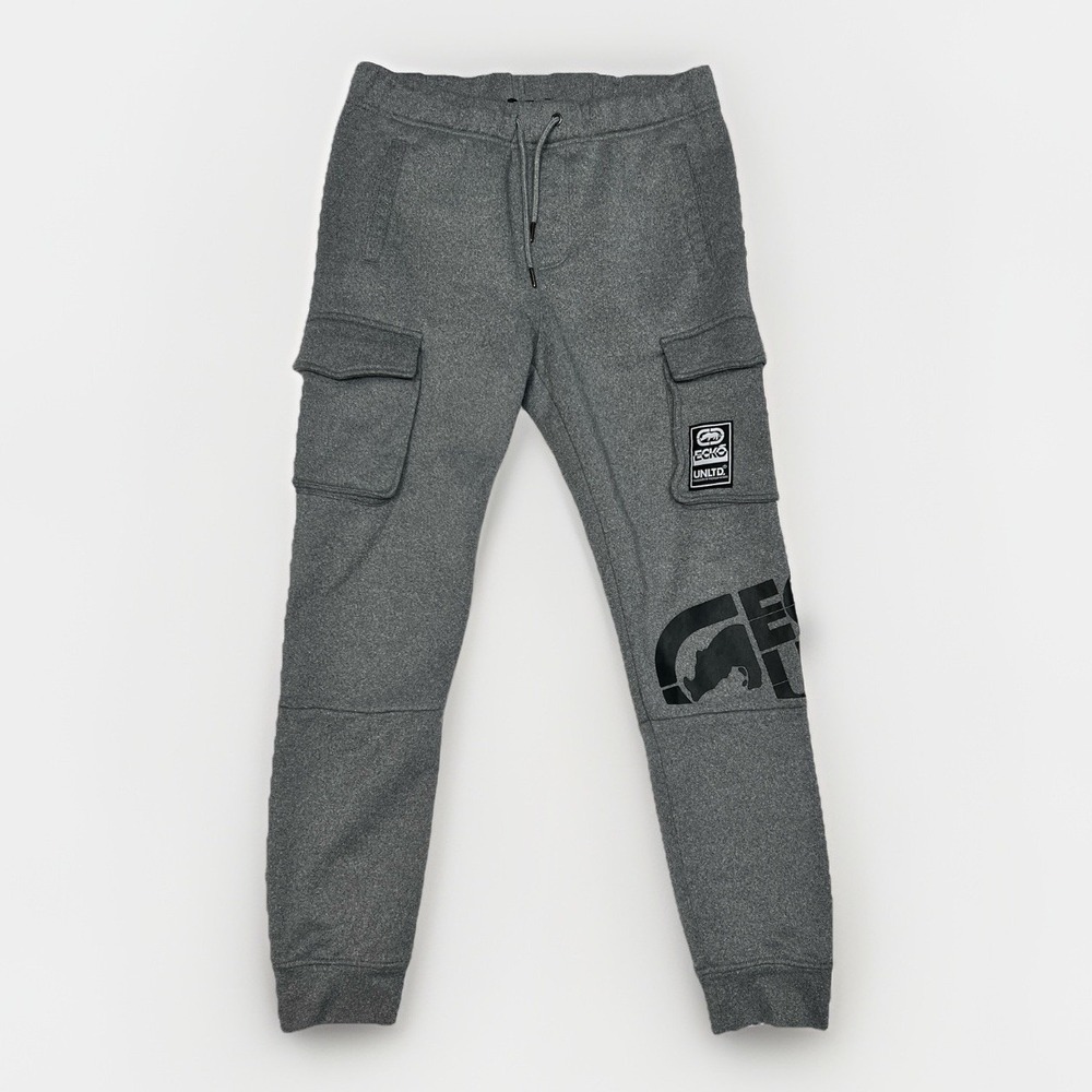 Ecko Unltd Gray Cargo Sweatpants Mens L Rhino Logo Pockets Fitness Athleisure